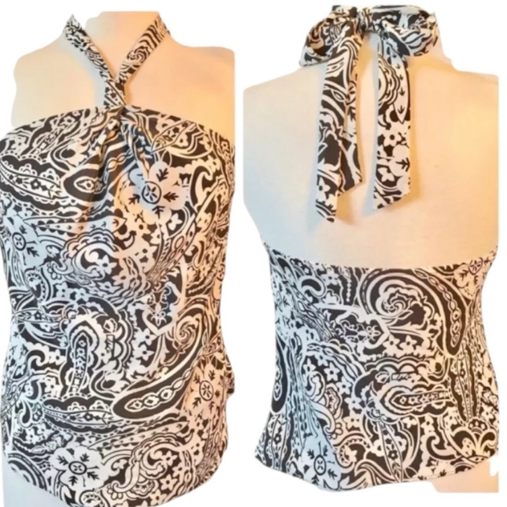 INC Halter Top 100% Silk, Brown Cream Floral Tropical